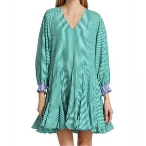 RHODE Olivia Striped Puff-Sleeve Linen Dress in Green Medium